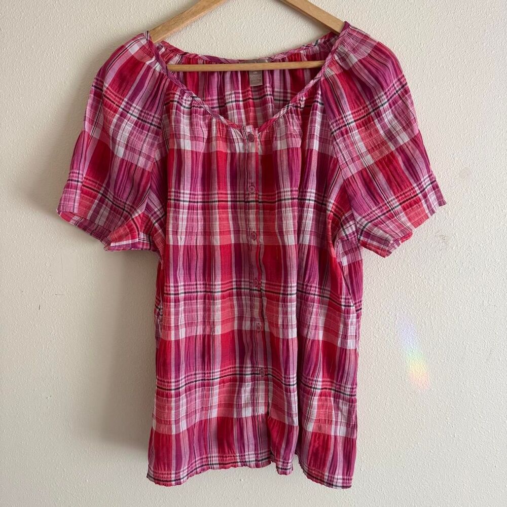 Pink Plaid Short Sleeve Boho Peasant Button Down Blouse XXL White Stag Vintage